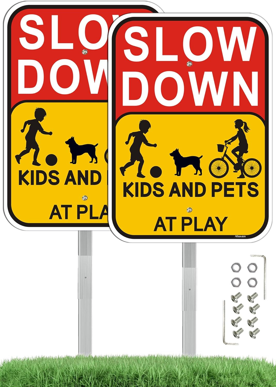 Slow Down Kids Pets At Play Sign w Stake Aluminum Safety Yard Sign 2 Pack 14×10