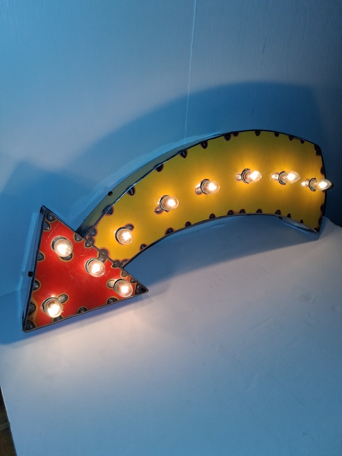 Handmade Lighted Marquee Arrow Wall Sign, Metal Yellow/Red, Hanging Horizontal