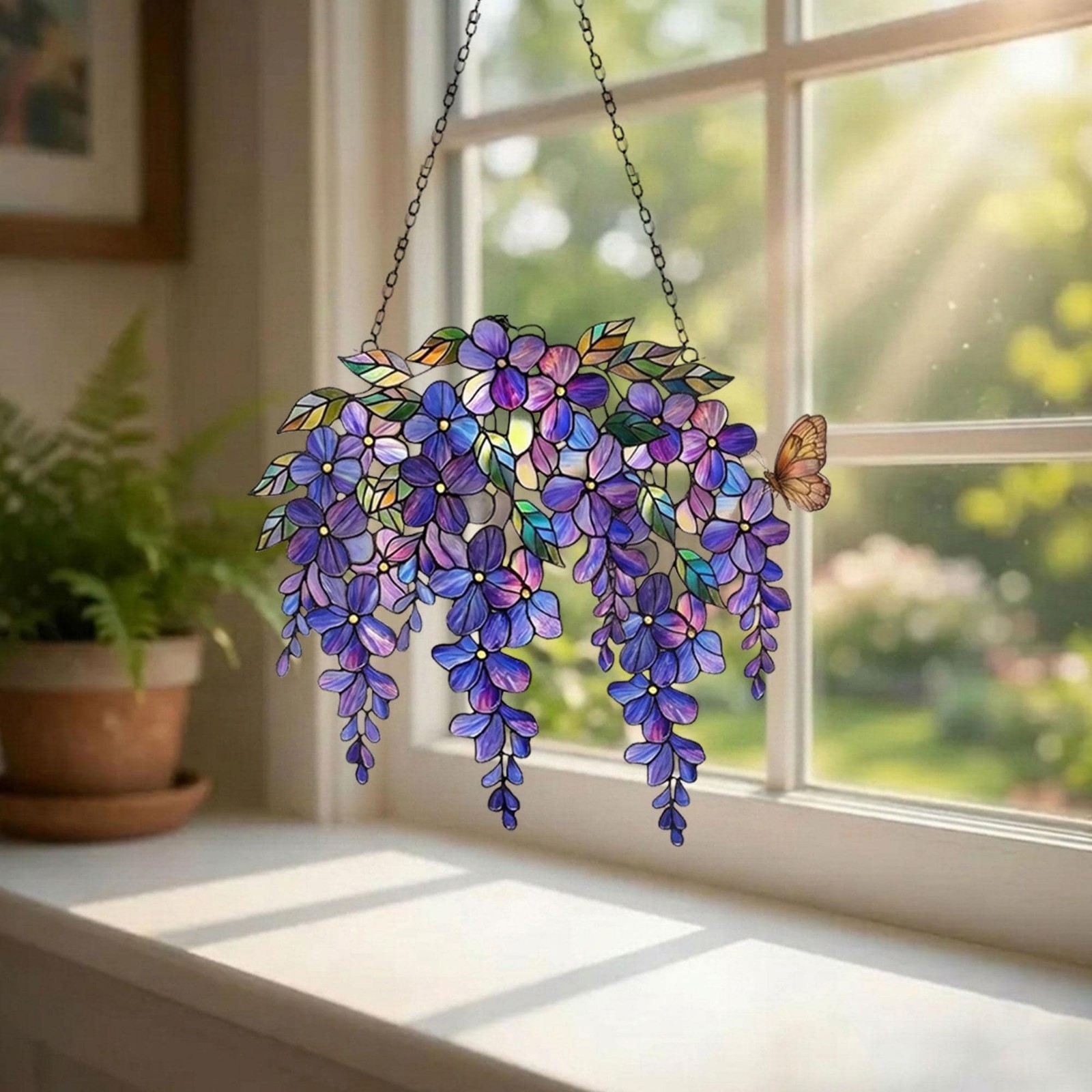 Purple Wisteria Acrylic Suncatcher, Stained Glass Style Floral Window Hanging