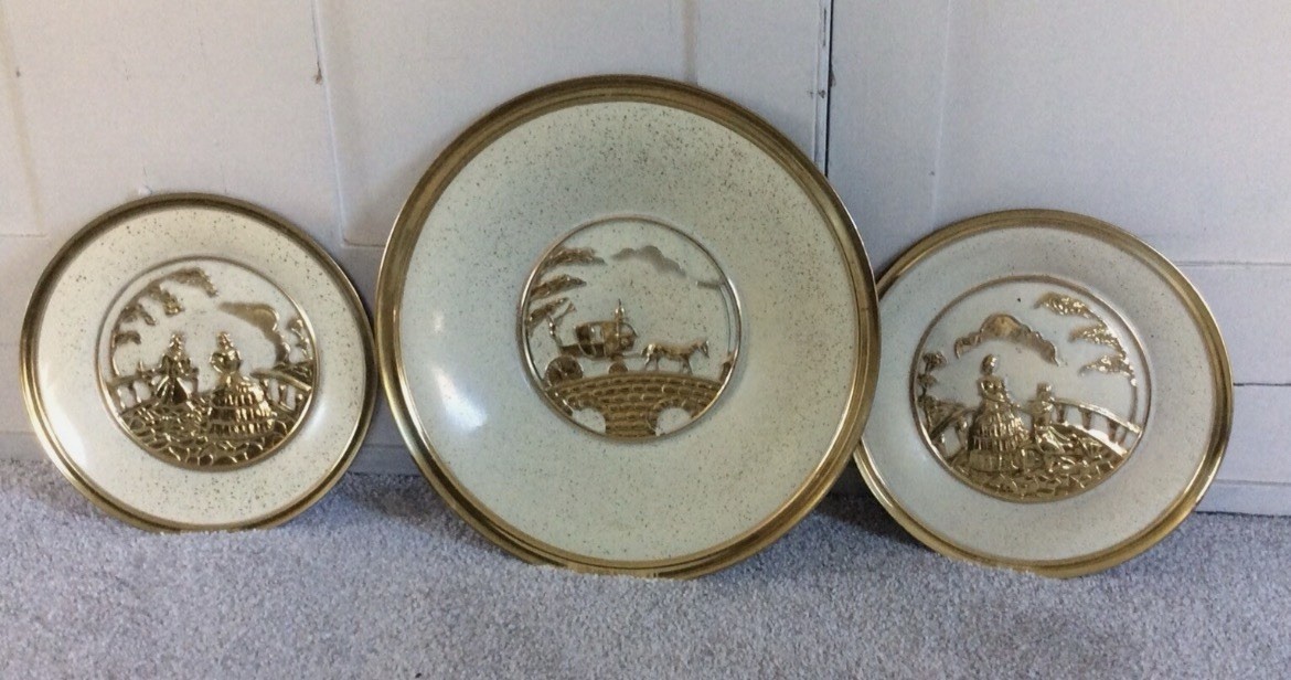 Vintage Brass Wall Art Plates Set of 3 Embossed Relief Scenes 14” & 10”