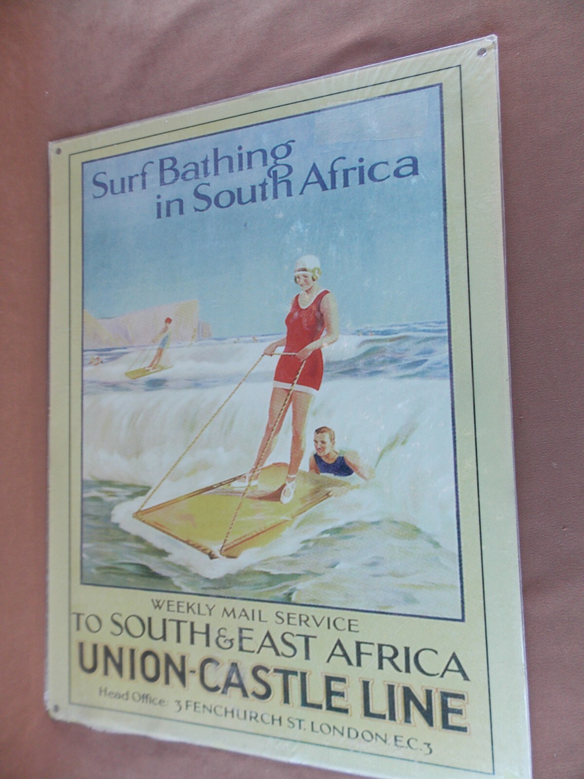Surf Bathing in South Africa Travel Metal Sign Unbranded 15 3/4 x 12″