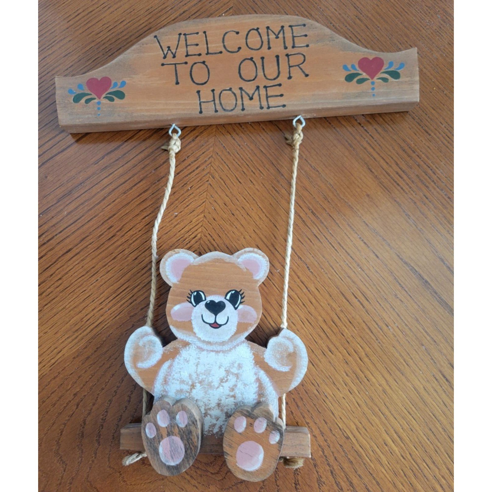 Teddy Bear Swing Prairie Girl Originals Welcome Sign Vintage Wood Wall Decor Tan