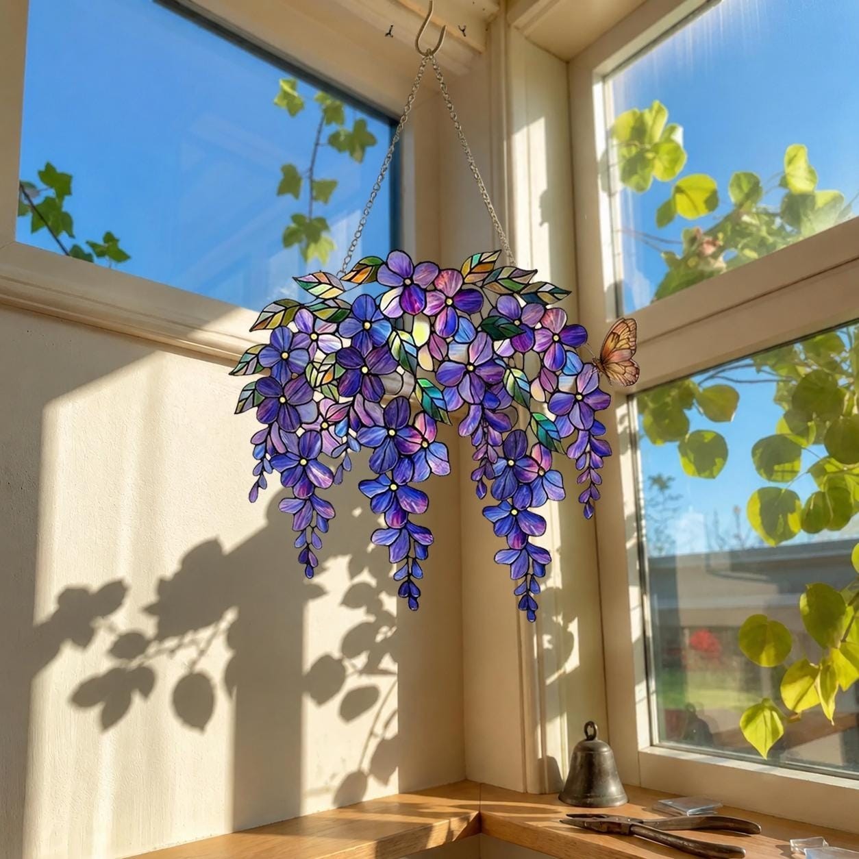 Purple Wisteria Acrylic Suncatcher, Stained Glass Style Floral Window Hanging