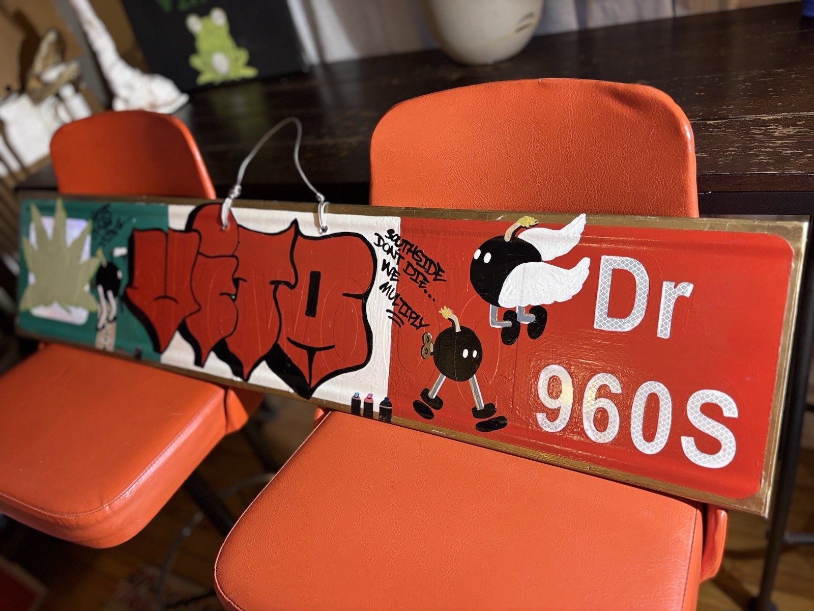 Original Urban Street Art on Metal Street Sign – Upcycled Wall Art Double Sided