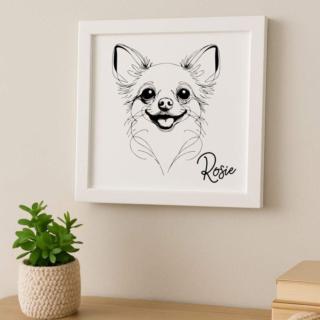 Personalized Name Laser Engraved Chihuahua Dog Portrait on Wood Panel with Frame