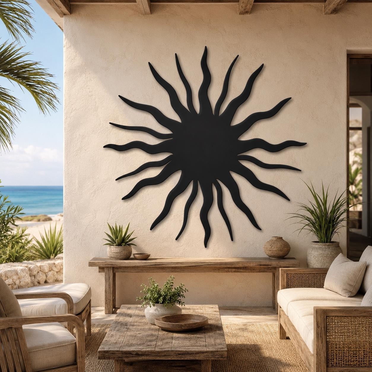 Large Metal Sun Wall Art, Coastal Outdoor Decor, Modern Sunburst Hanging
