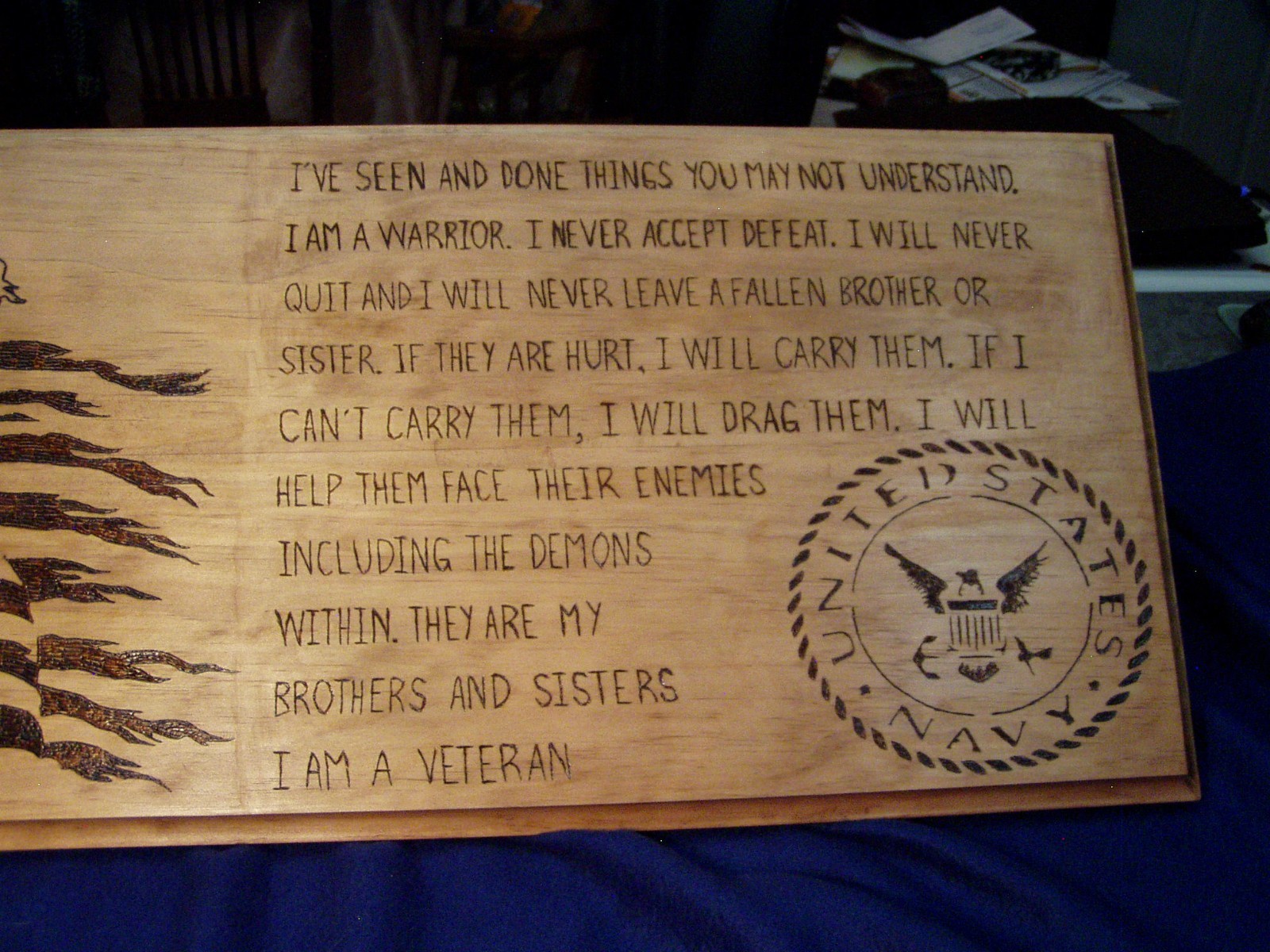 Hand Burned Wood Plaque for Military Veteran