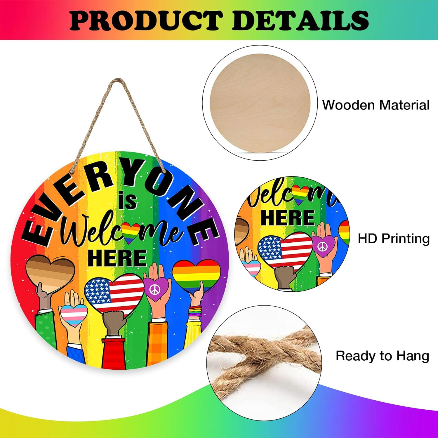 Pride Everyone Is Welcome Here Front Door Sign, Rainbow Heart LGBTQ Gay Lesbian