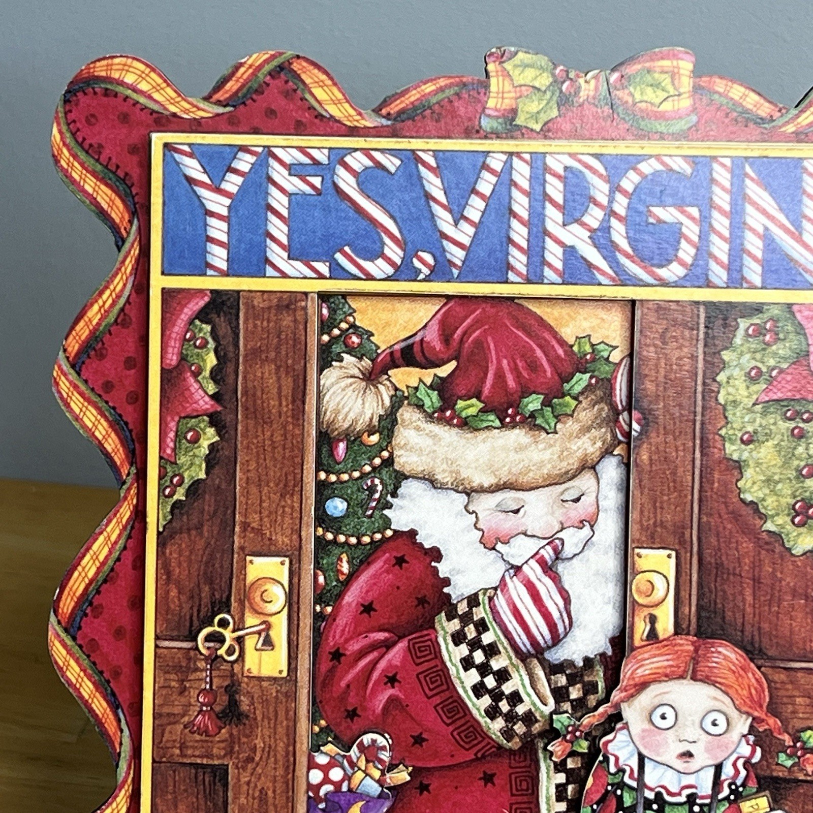VTG Mary Engelbreit Yes, Virginia Christmas Table Hang Sign Sunrise Pub Read