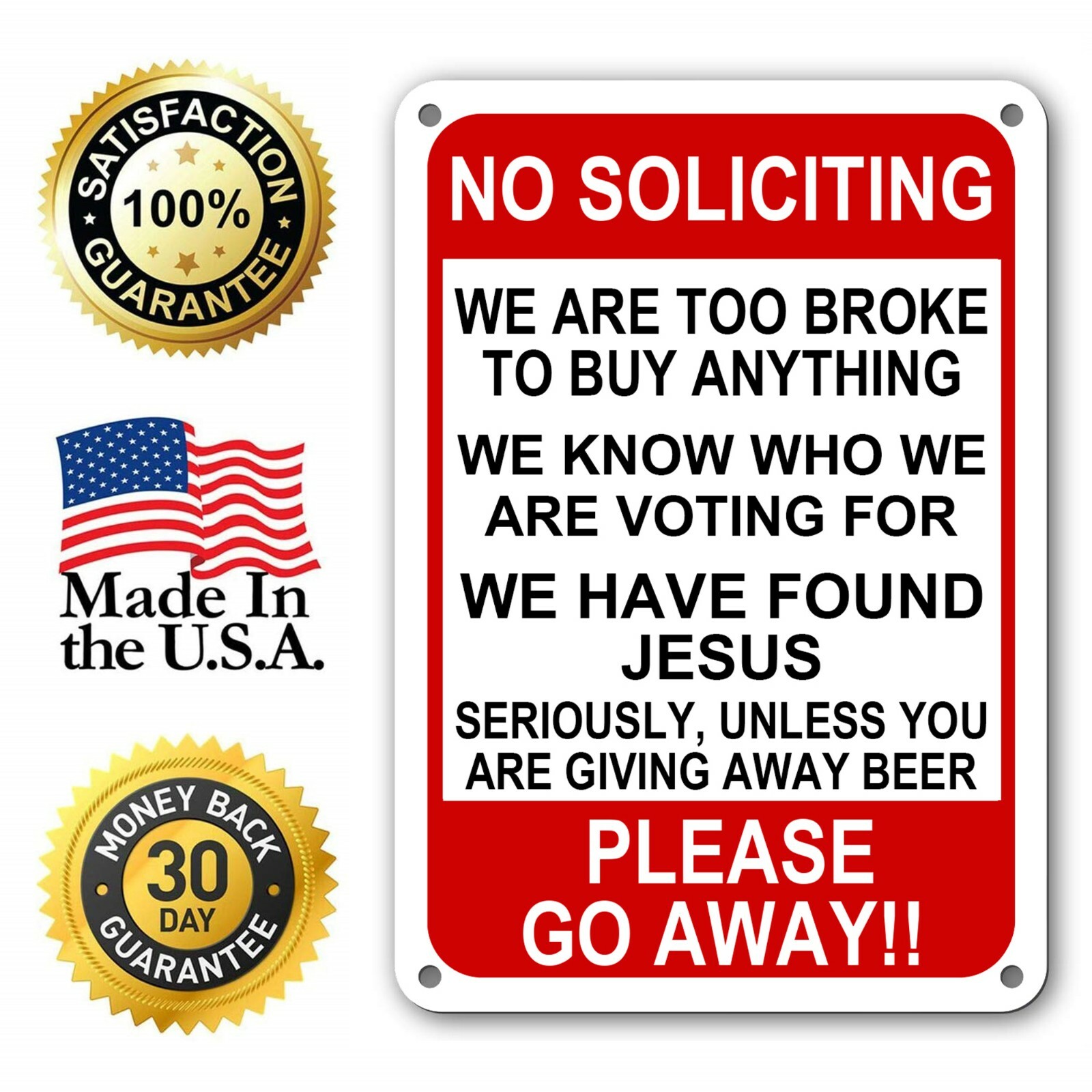No Soliciting Funny Sign Go Away Front Door Novelty Humor Gift Signs 10″x 14″