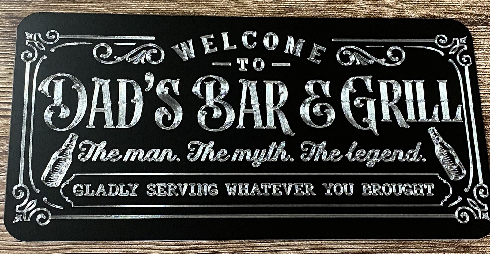 Welcome to Dad’s Bar & Grill Diamond Etched Metal 15×7 Sign Father’s Day Gift