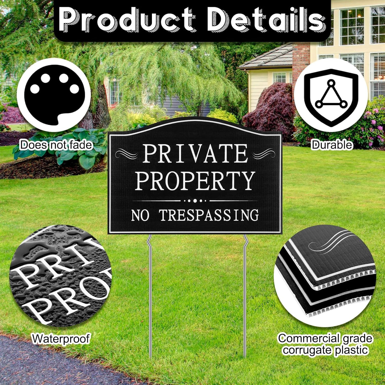 4 Pcs Private Property No Trespassing Signs with 15 Metal Stakes 11.8 X 7.9 Inch