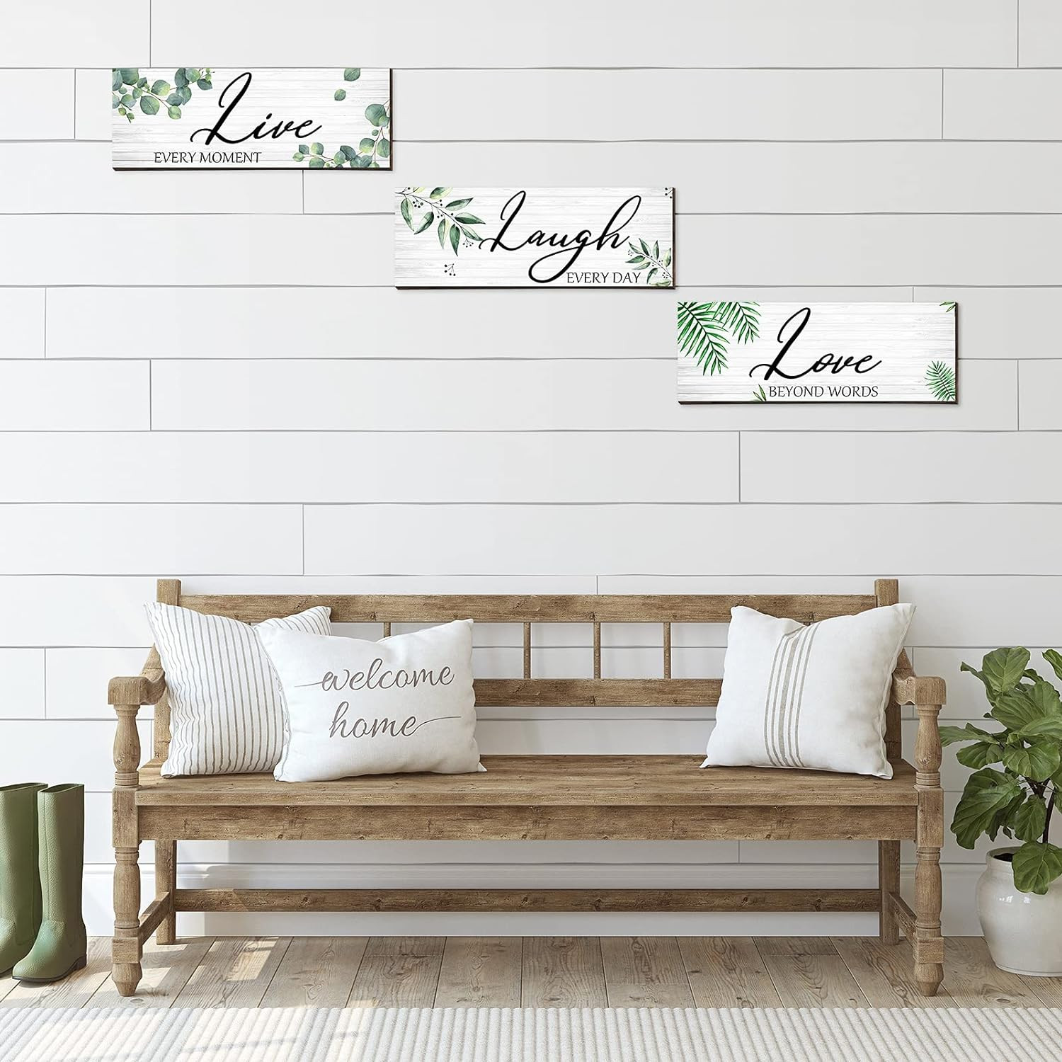 3 Pieces Live Laugh Love Wooden Sign Eucalyptus Leaves green, white, brown