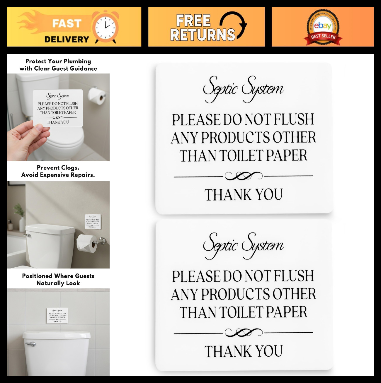 Septic System Do Not Flush Sign 2-Pack – Toilet Paper Only – Bathroom & Airbnb S