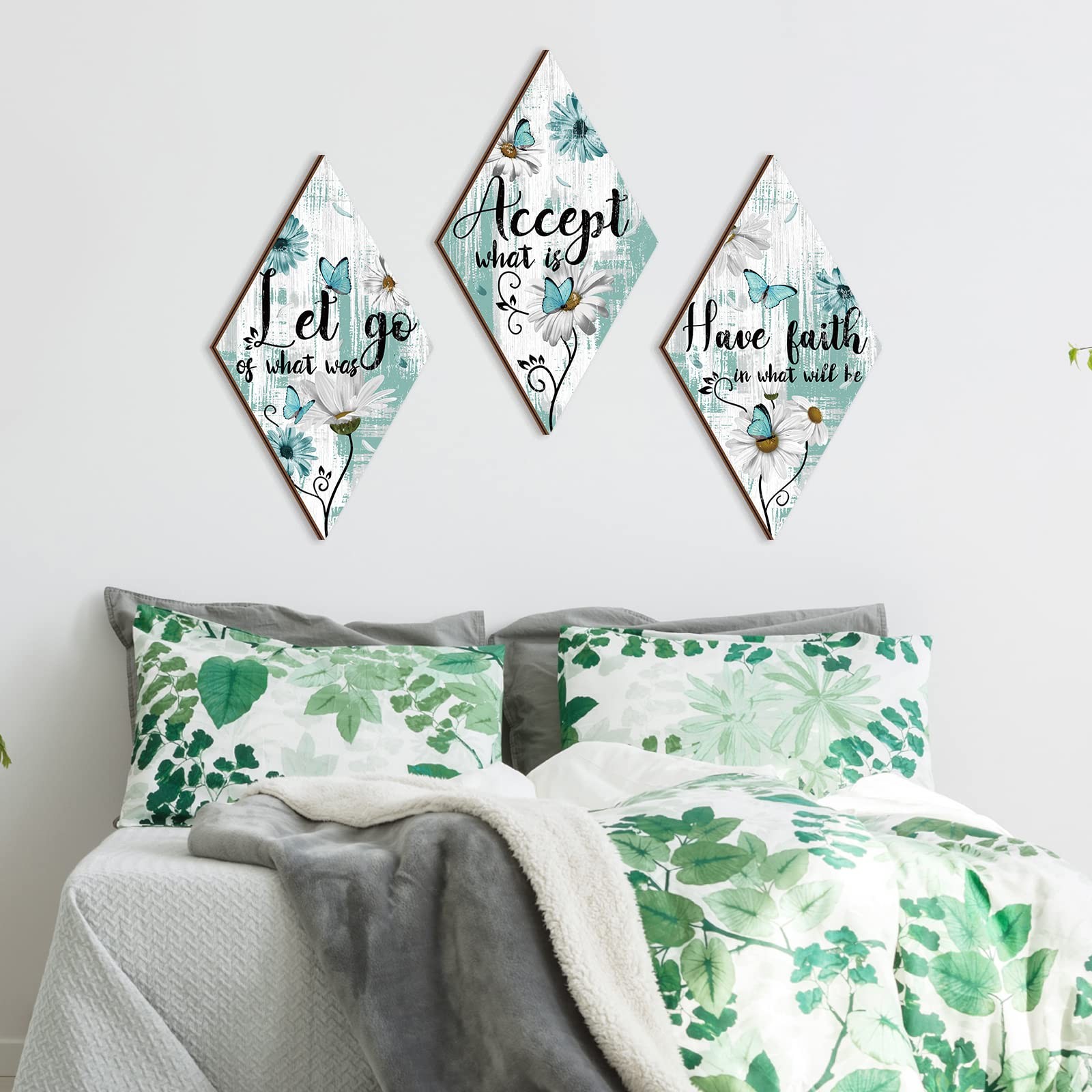 Sintuff 3 Pcs Wooden Wall Decor for Bedroom Inspirational Rustic Flower Wall