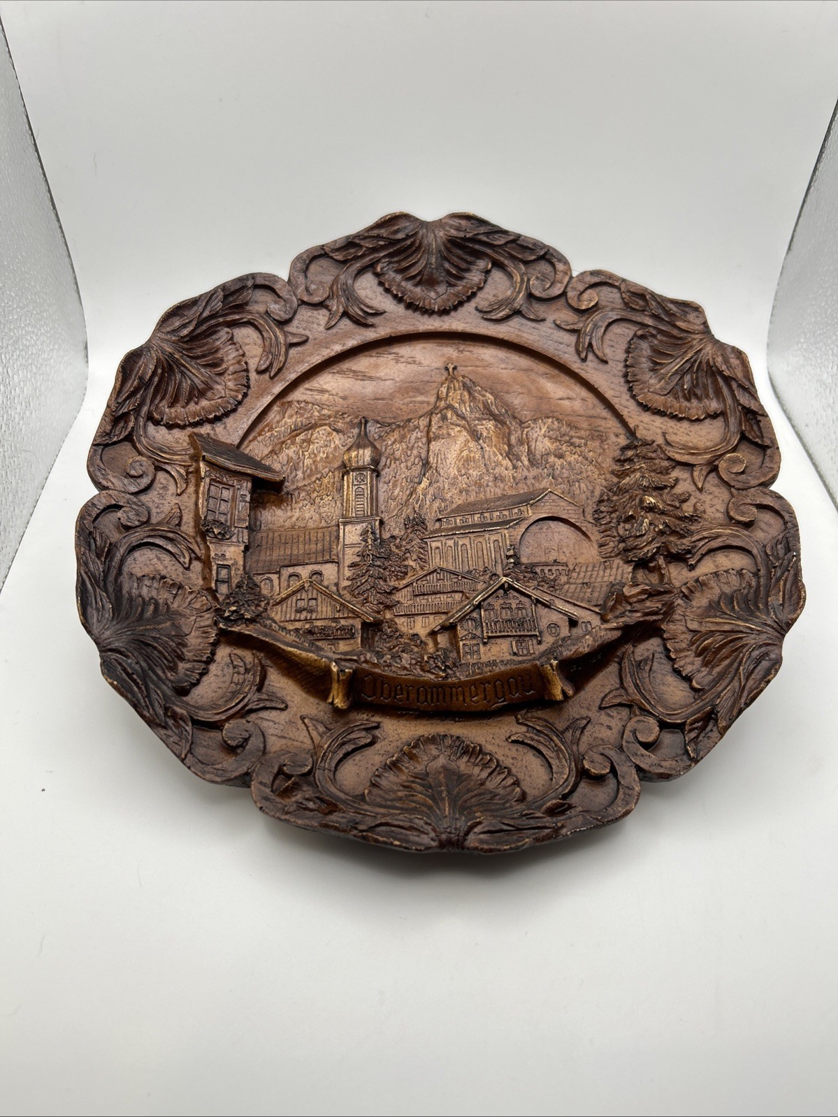 Vintage Hand Carved Wooden Wall Hanging of Oberammergau City & Mountain Scene
