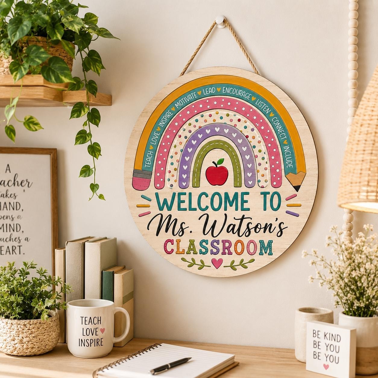 Personalized Rainbow Teacher Classroom Door Sign, Wooden Welcome Hanger Gift