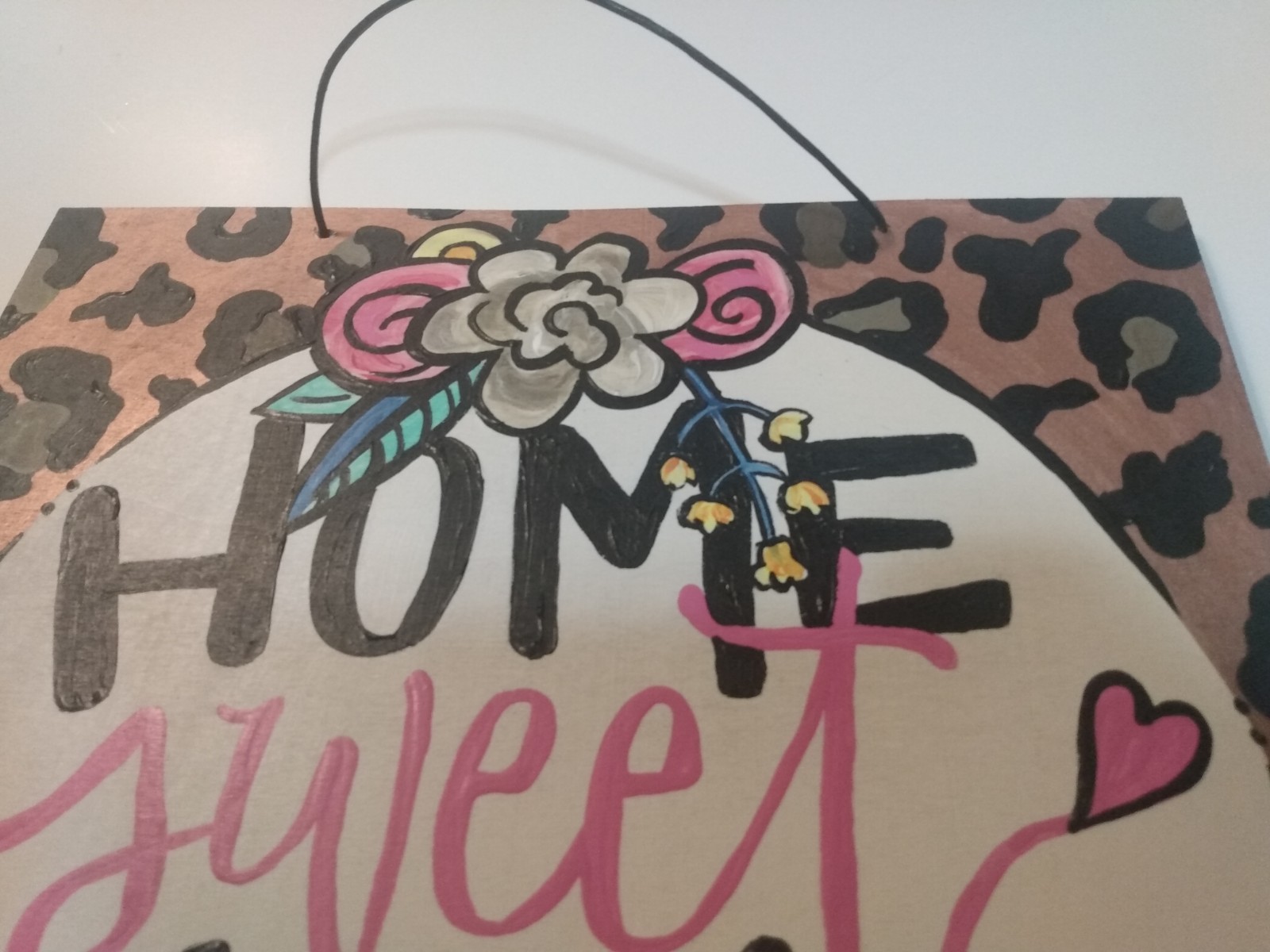 Home Sweet Home leopard print Sign pink yellow Flowers 12×12 Inch Hand Painted