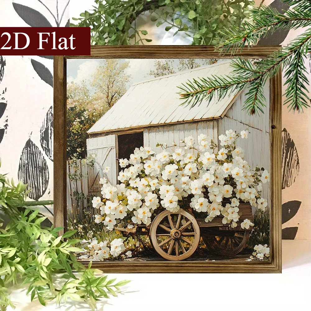 White Floral Barn Wooden Sign Rustic Vintage Farmhouse Decor for Garage Kitchen