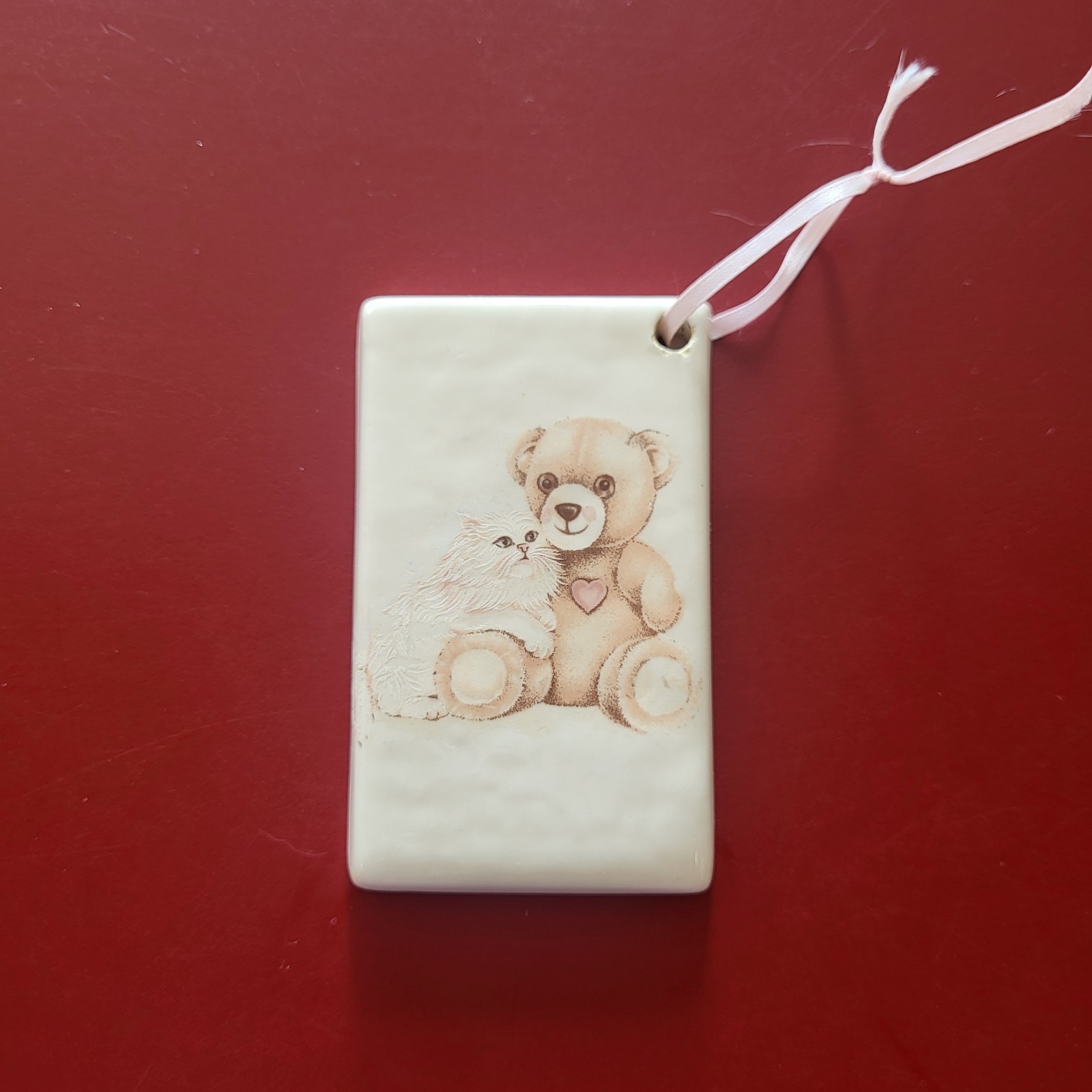 Small Teddy Bear And Cat Plaque Shabby Chic Heart Wall Hanging Decor