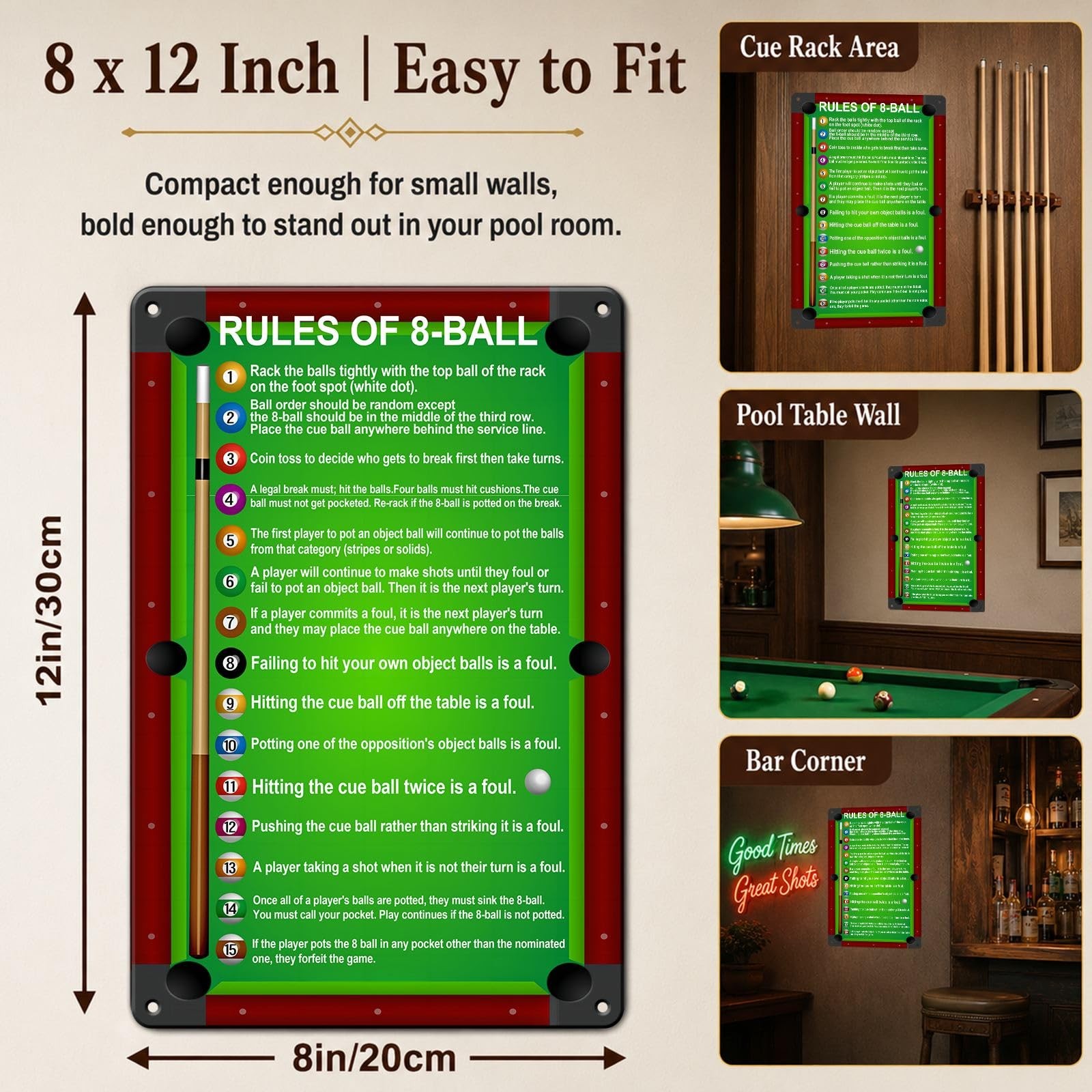 8 Ball Pool Rules Aluminum Sign 8x12in Billiard Room Wall Art Decor