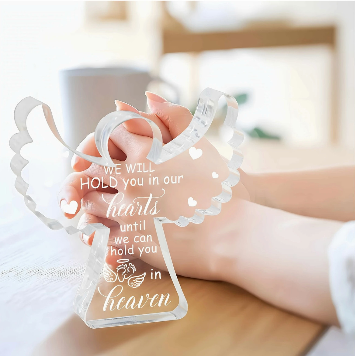 Memorial Acrylic Plaque with Angel Wings – “We will hold you in our Hearts” 3.9″