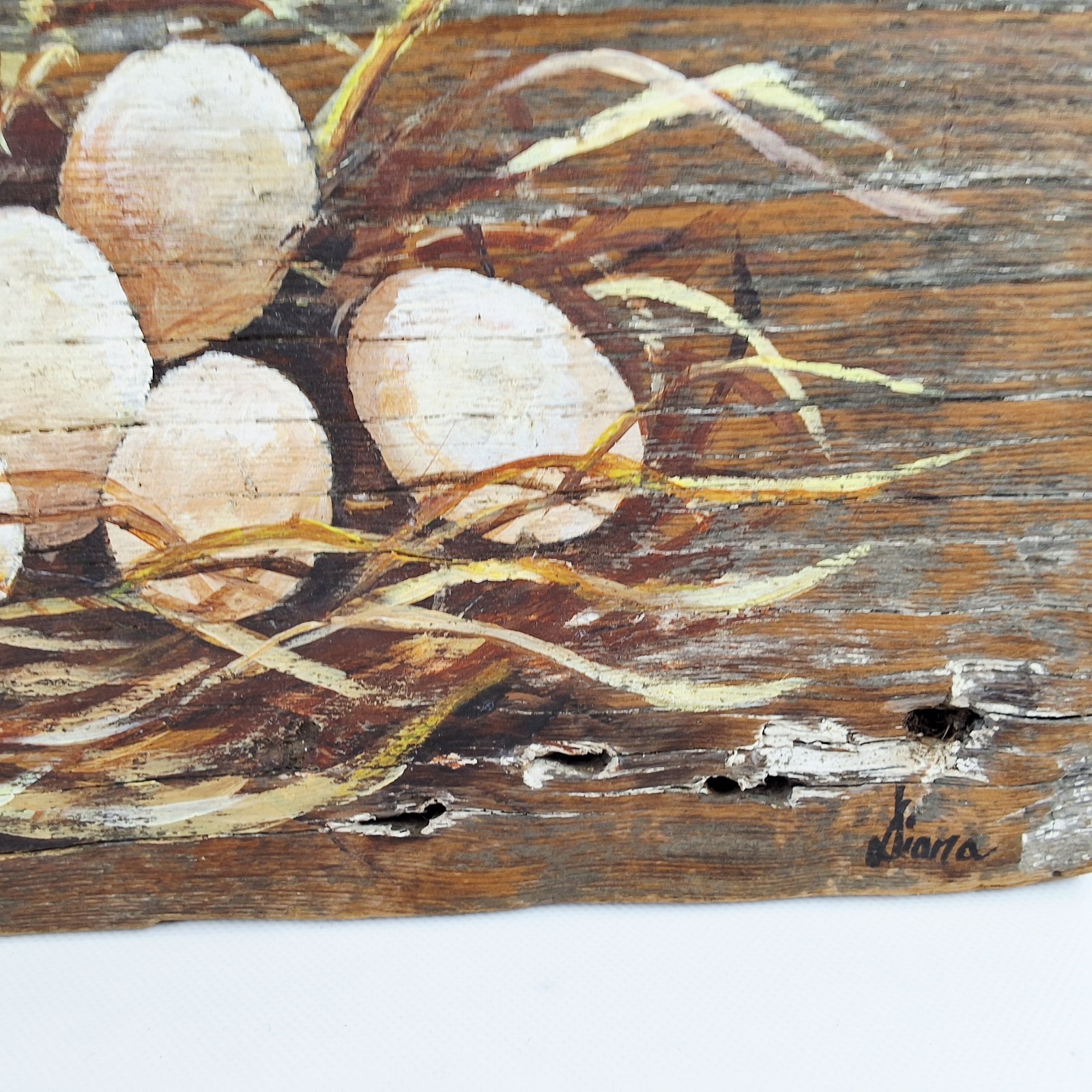 Eggs in Nest Artist Signed Painting/Plaque On Barnwood 13.75 in x 9.5 in