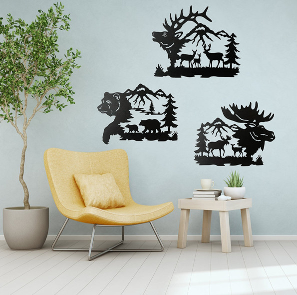 3pcs Metal Wildlife Wall Art Bear Elk Moose for Cabin Rustic Home Decor