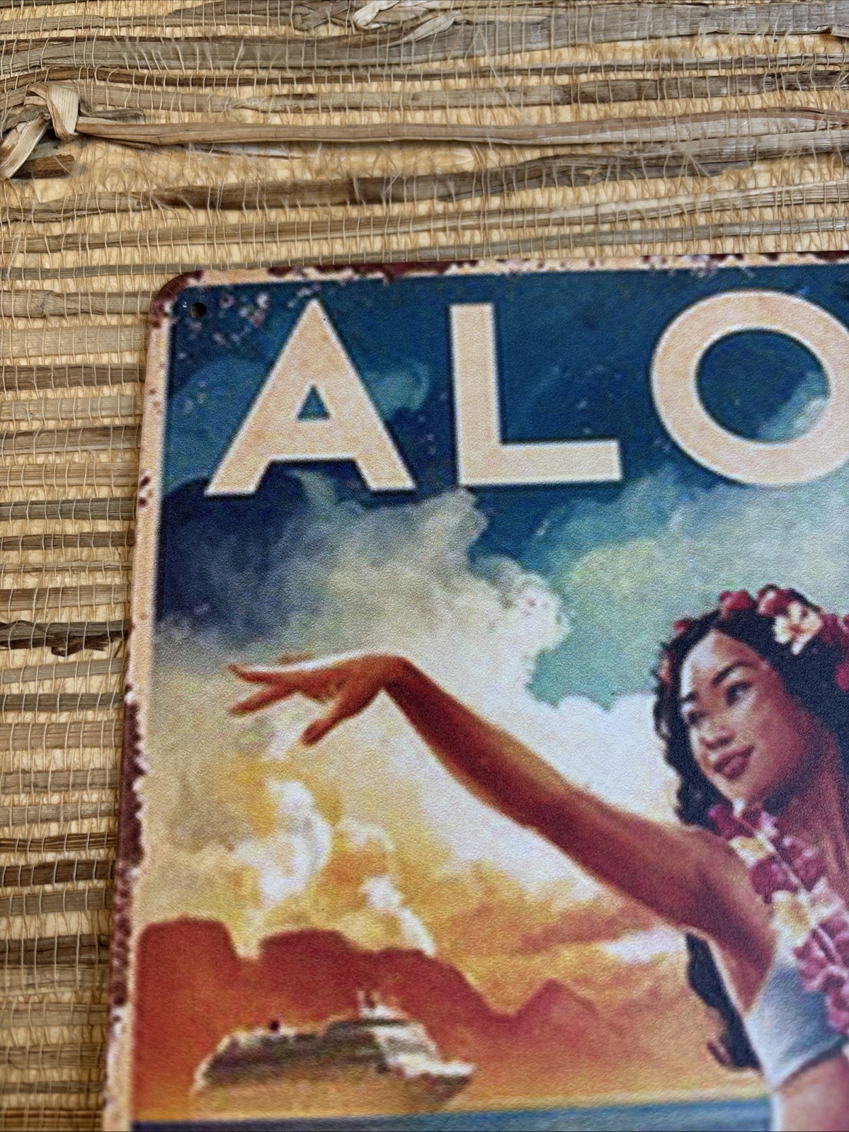 ALOHA From Waikiki Metal Tin Sign 12″ x 8″ Vintage Style Tiki Bar Hula Girl New