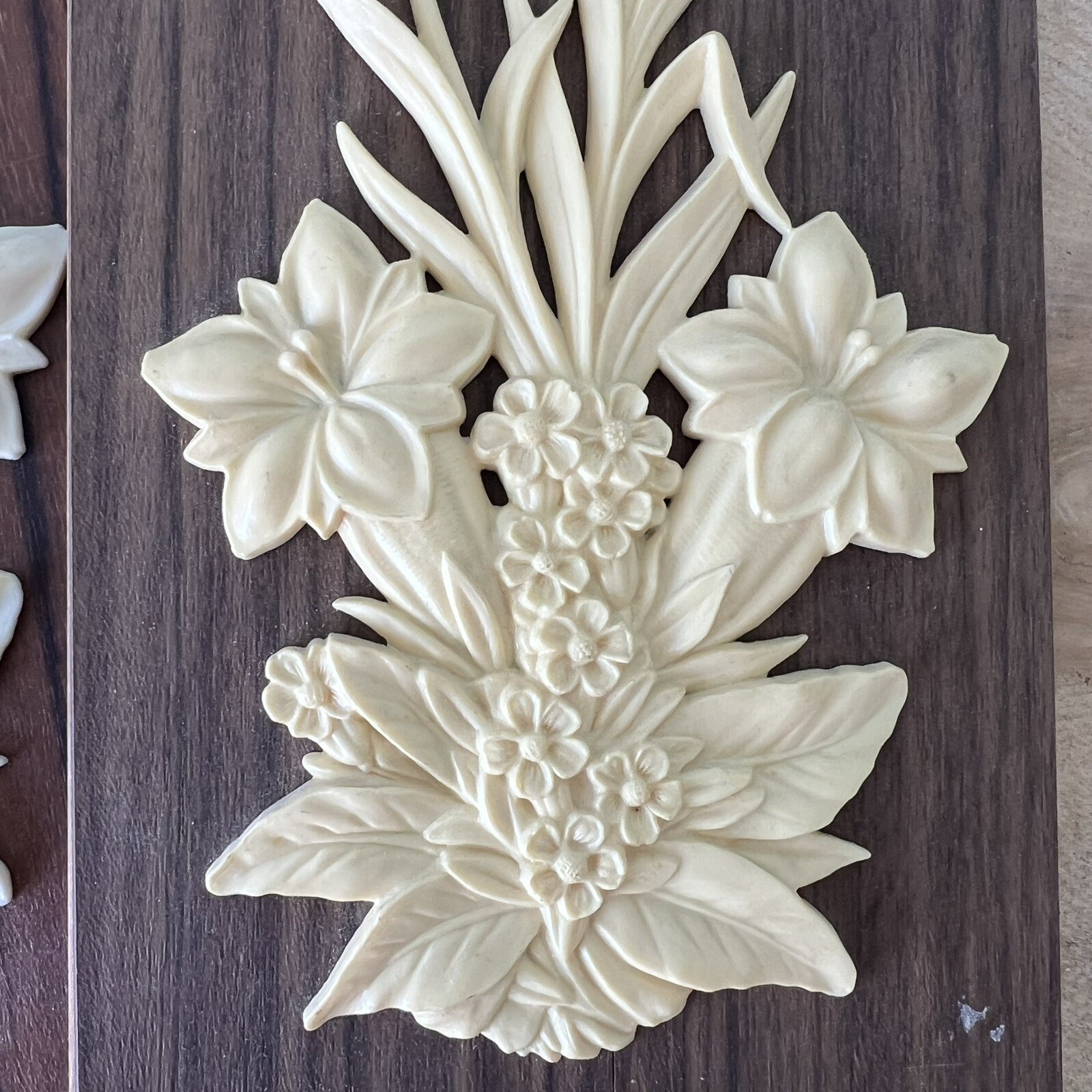 2 MCM Wall Relief Plaques Flowers Plastic Faux Wood Grain West German Vintage