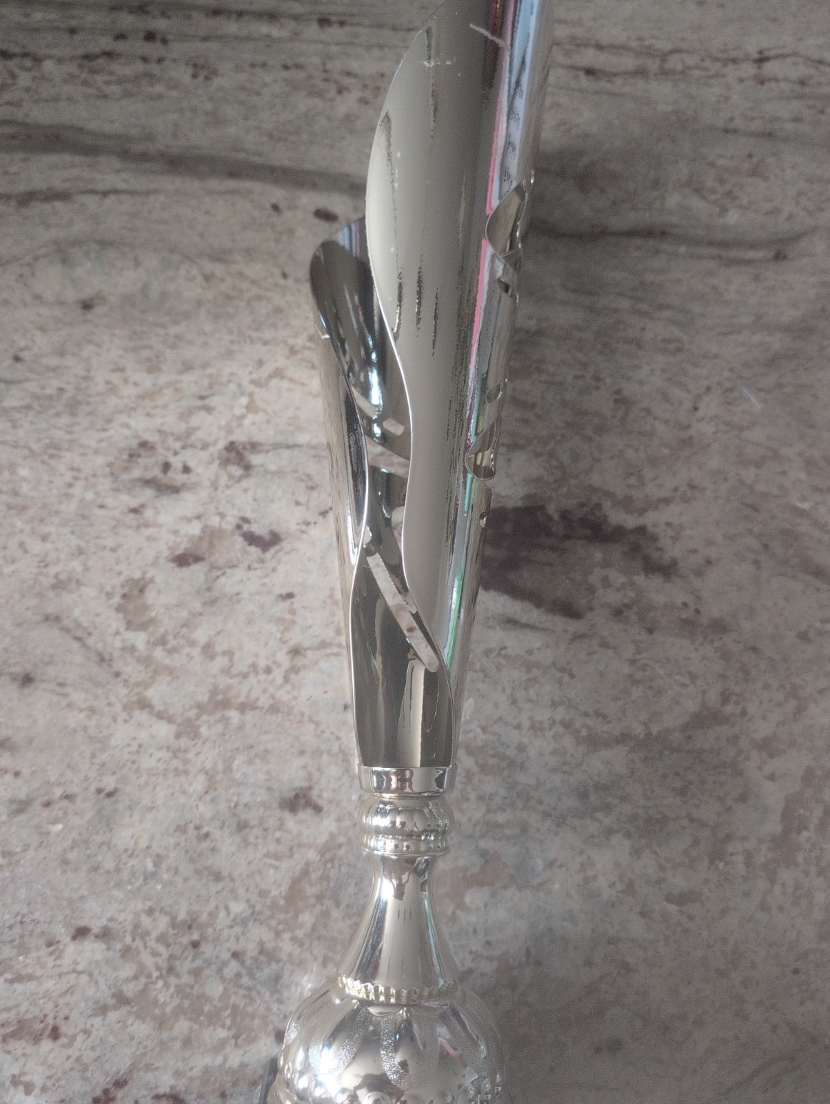 Silver-plated modern metal trophy featuring laser-cut geometric pattern