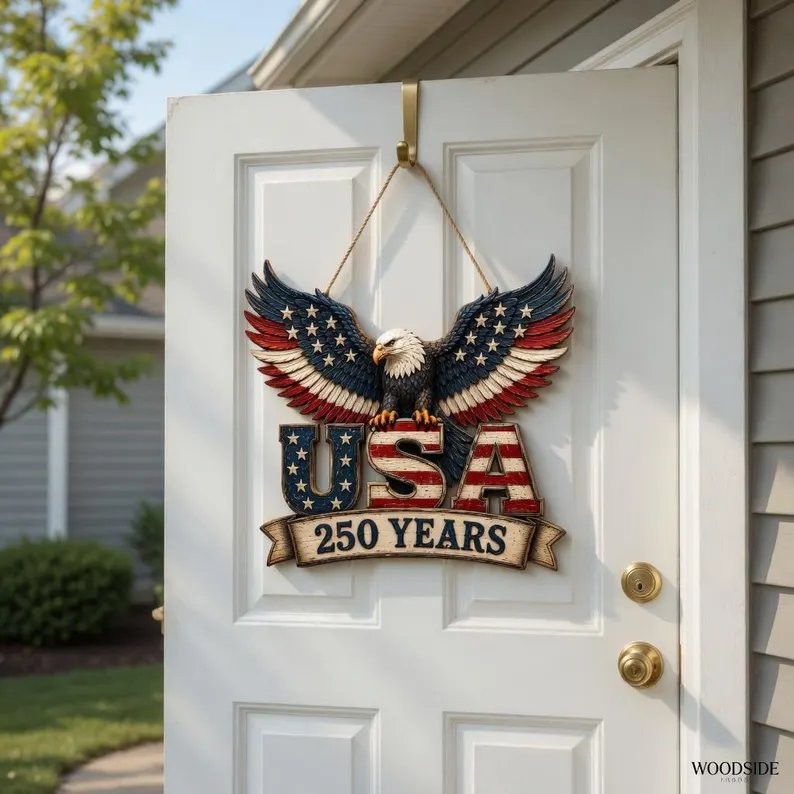 America 250th Anniversary Eagle Decor, Patriotic Wooden Door Hanger