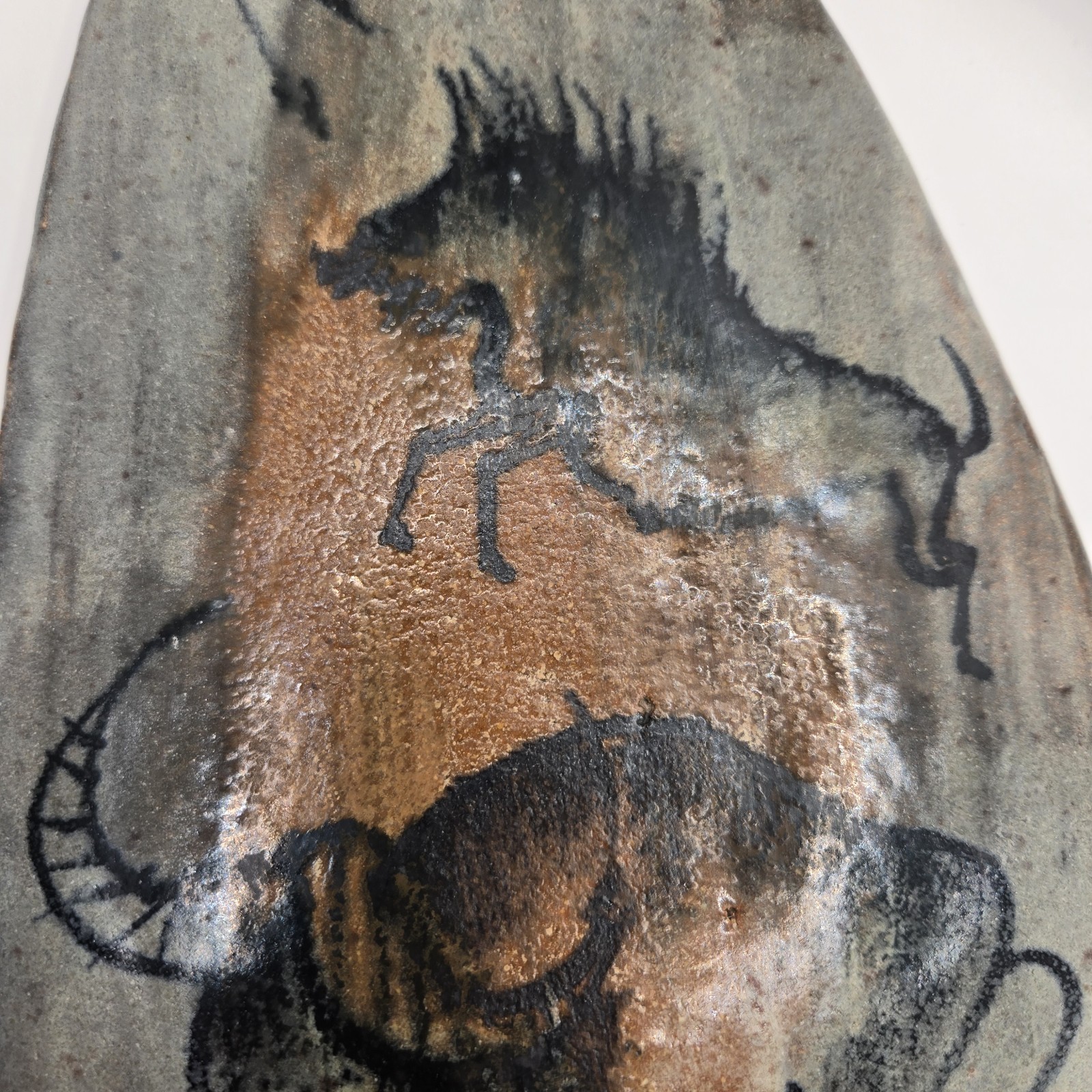 Oval Ceramic Bull Art Wall Hanging Plaque Gray Brown Black 11 x 6 in