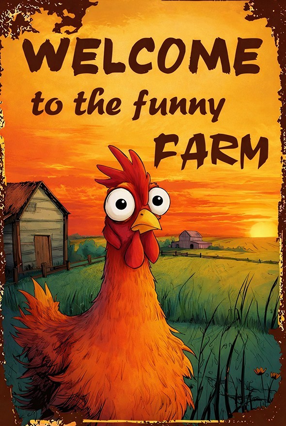Funny Farm Sign Retro Welcome To The Funny Farm Chicken Aluminum Sign 8×12