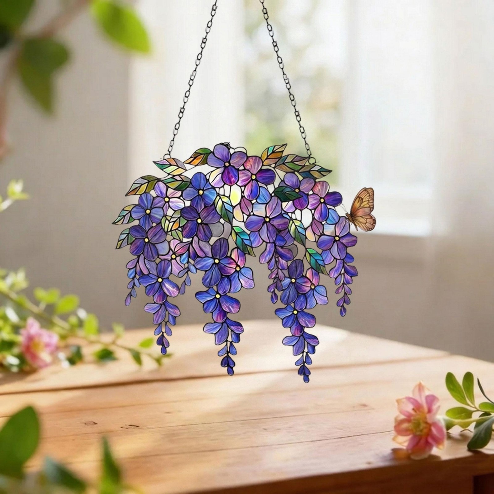 Purple Wisteria Acrylic Suncatcher, Stained Glass Style Floral Window Hanging