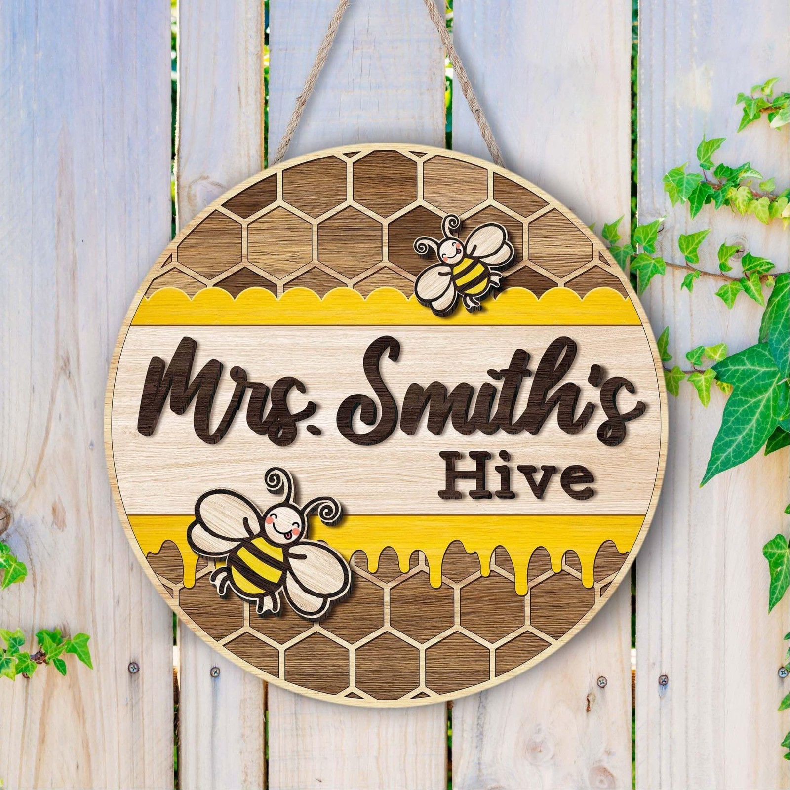Custom Teacher Name Door Sign, Bee Classroom Welcome Hanger Appreciation Gift