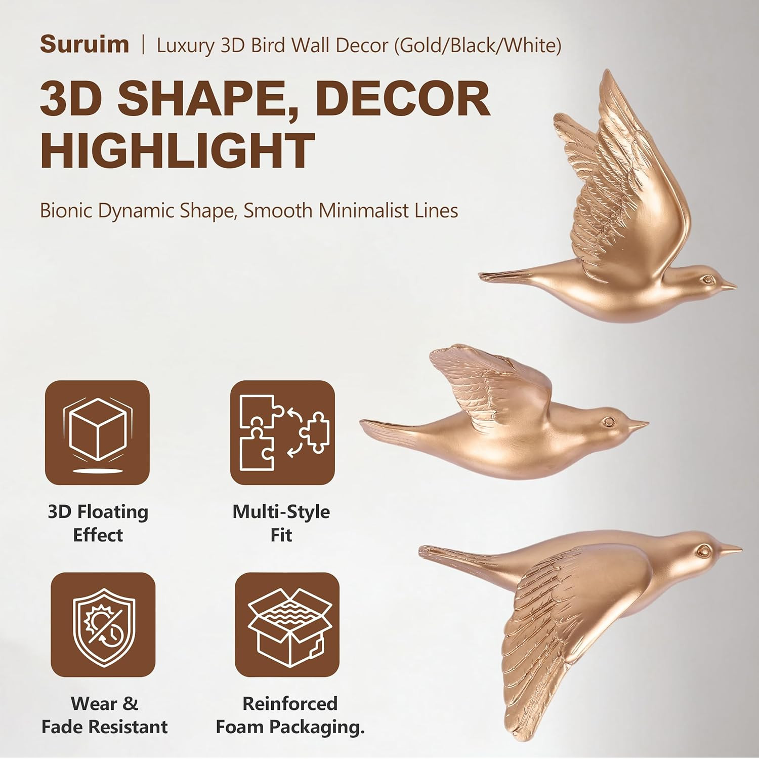 Bird Wall Sculptures Set of 3-3D Wall Art Decor for Living Room, Home Decor Mode