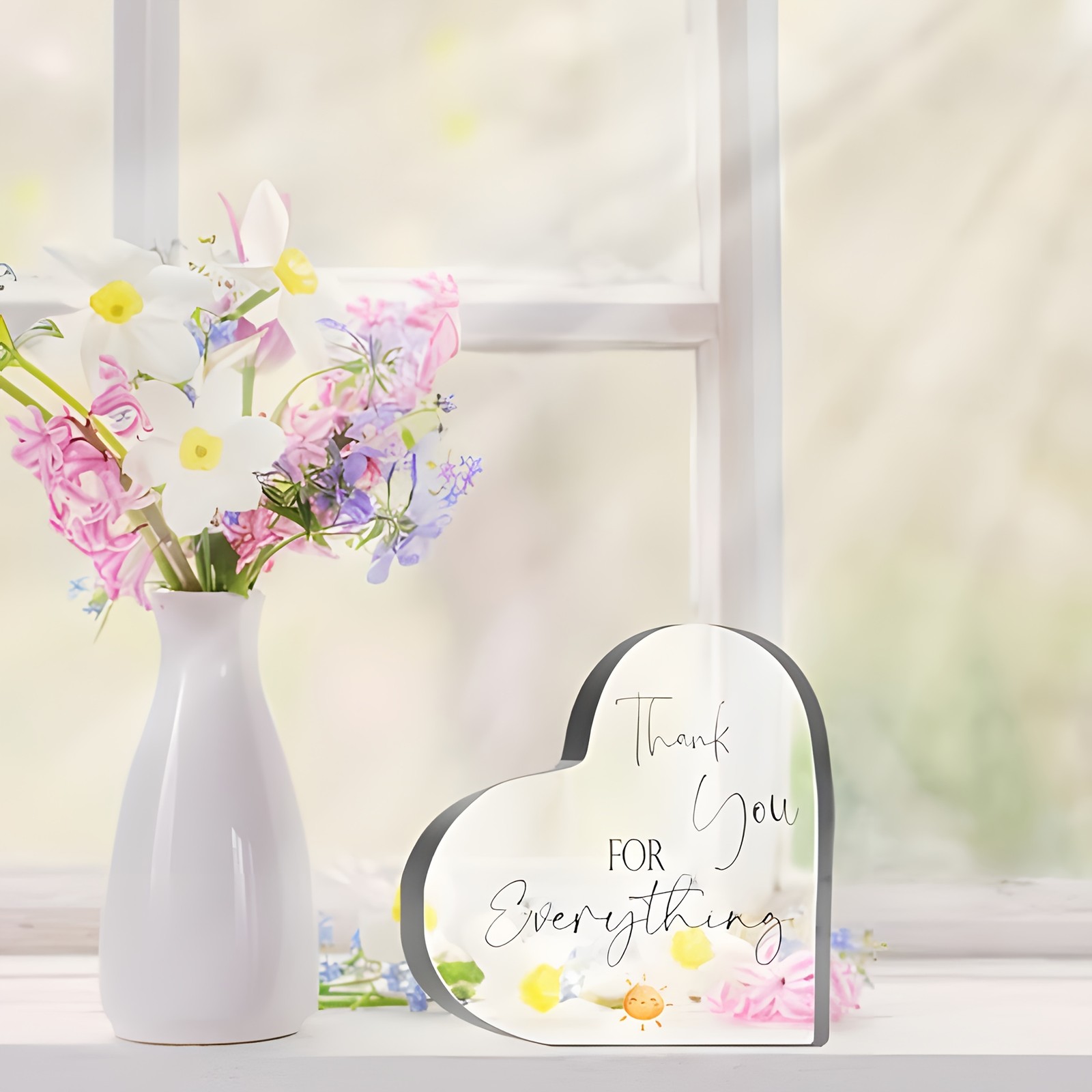 “Thank You For Everything” Acrylic Heart Plaque Smiling Sun Gratitude Gift
