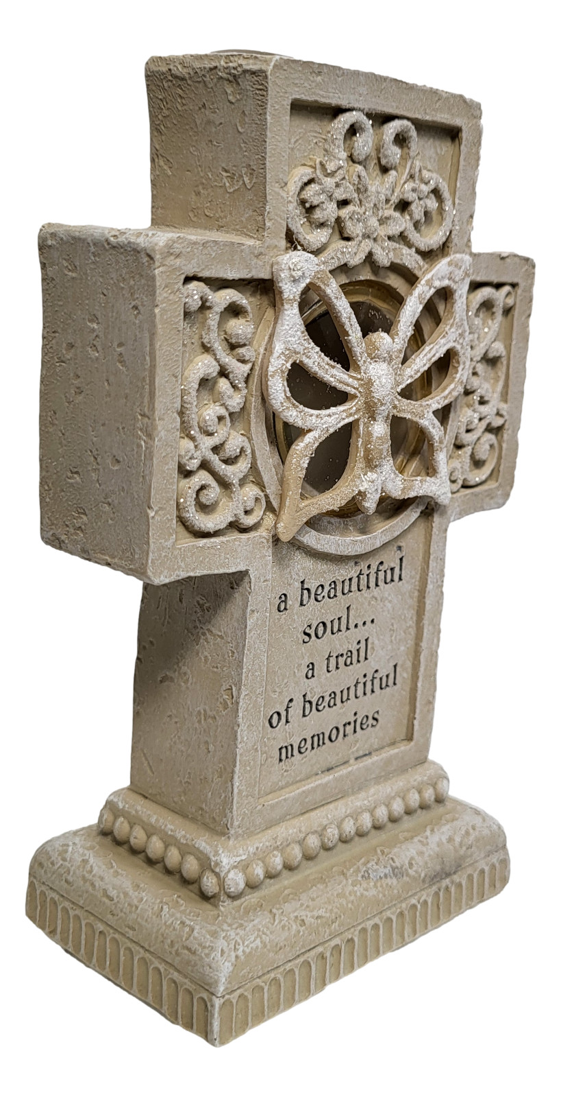 Butterfly Pedestal Cross – Lights Up ~ In Loving Memory, Stone Finish 6″