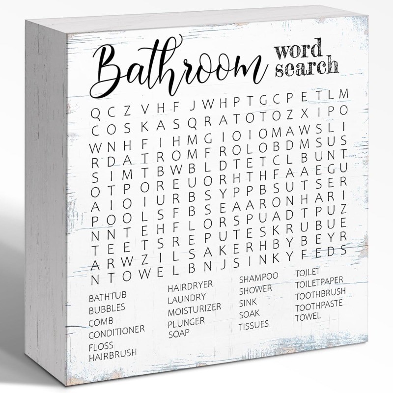 “Bathroom Word Search” Funny Wooden Box Sign, Humorous Restroom Decor Plaque