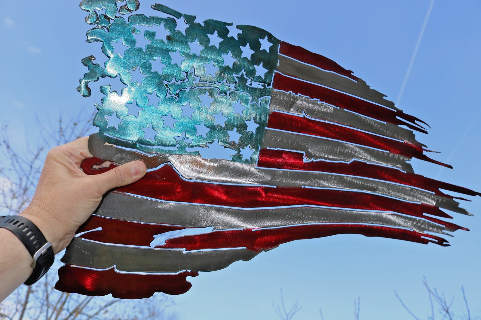 Large Tattered American Flag Metal Art 3D Distressed USA Steel Wall Sculpture