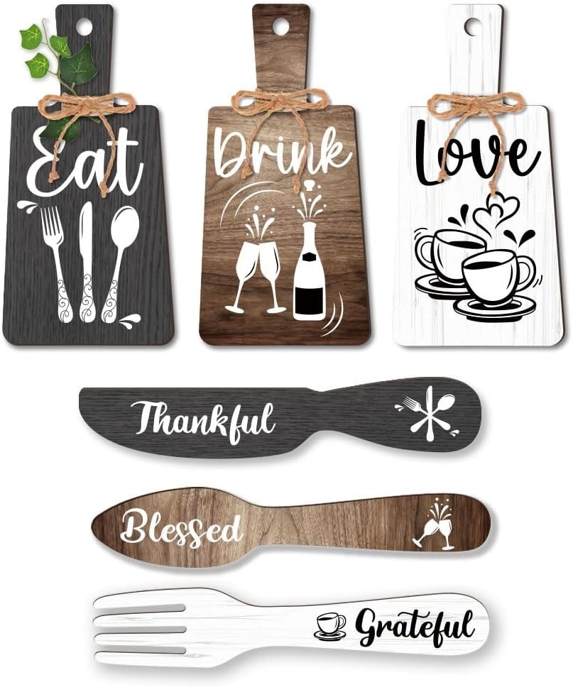 6pcs Kitchen Wall Decor Start Drink Sign Set Wood Pendant Accessories Mini Wo…