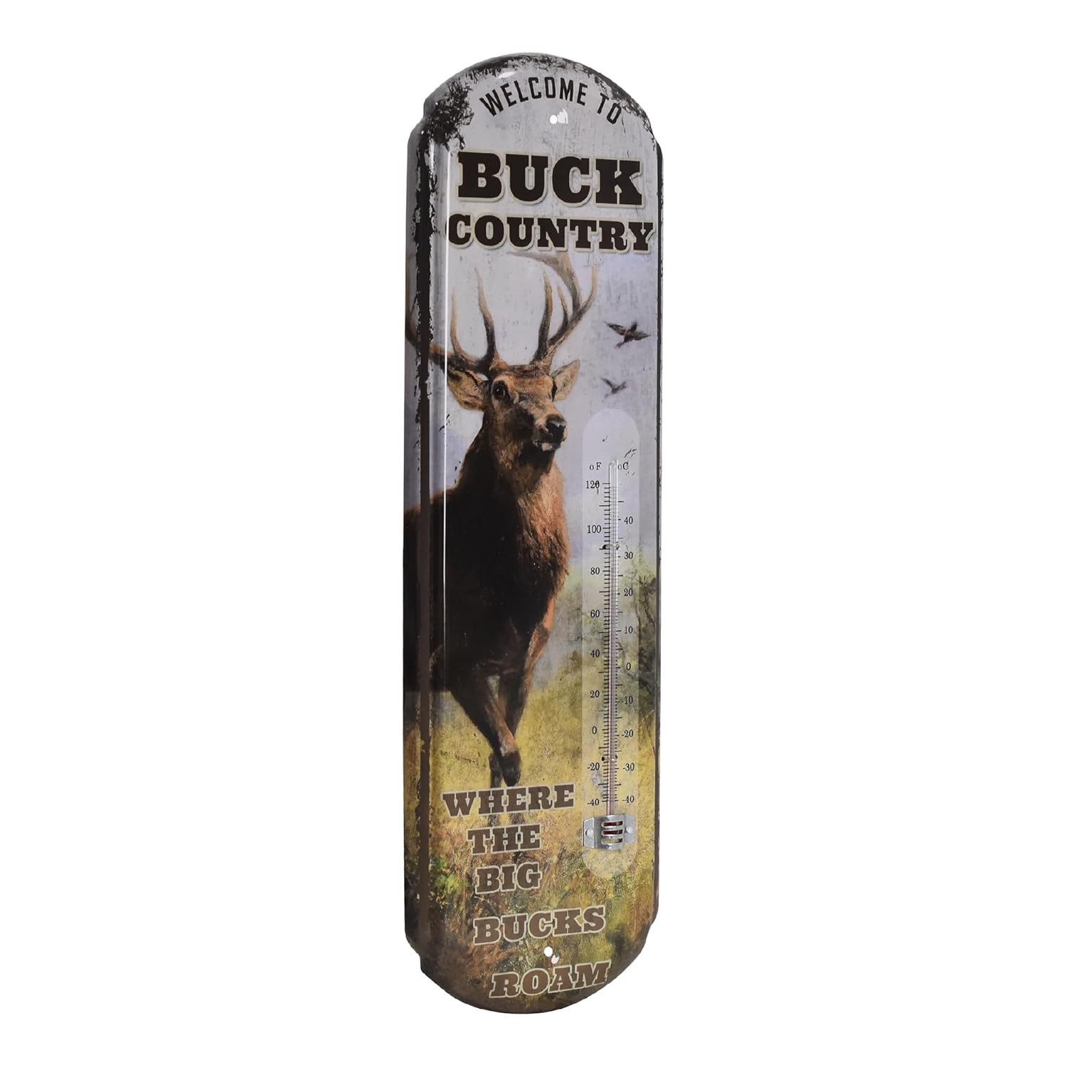Buck Country Vintage Thermometer Sign Metal Man Cave Wall Decor 17.25″