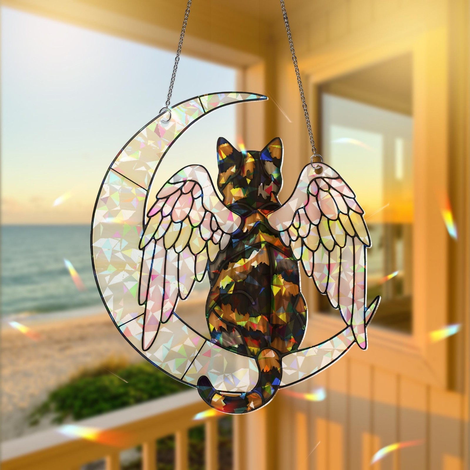 Angel Tortoiseshell Cat on Moon: Hologram Window Hanging