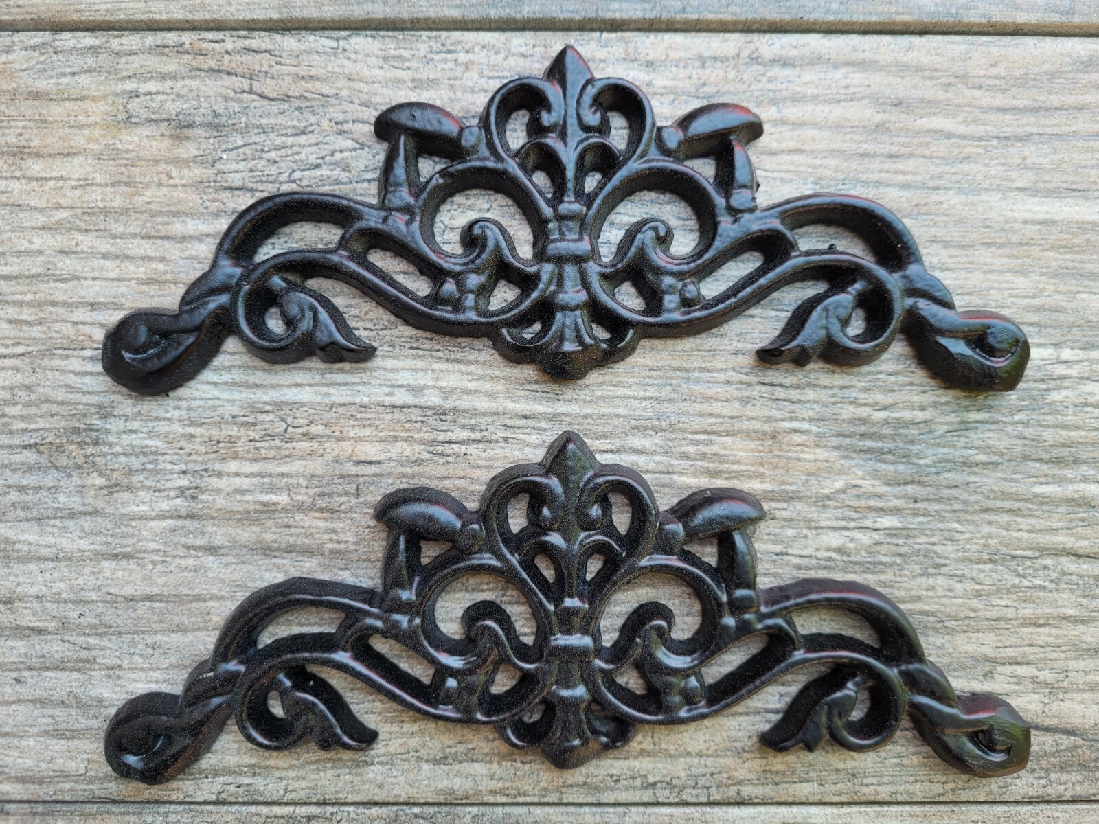 TWO Cast Iron Scroll Toppers, Cabinet Hardware, Wall Plaques, drawer decor royal