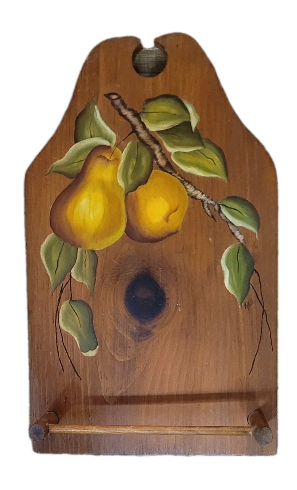 Vtg Folk Art Towel Holder Painting Of Pears On Rustic Wood Signed Cottage Core