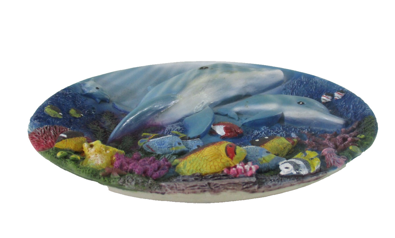Vintage 3D Dolphin Ocean Scenery Resin Plaque Wall Hung Oval 16cm L x 12cm W VGC