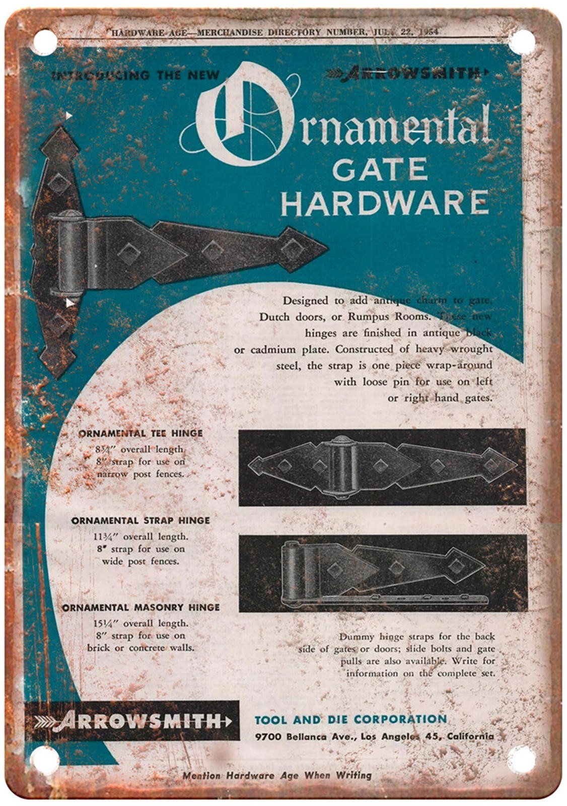 Vintage Metal Sign 1954 Arrowsmith Tool Die Gate Hardware Aluminum 8×12