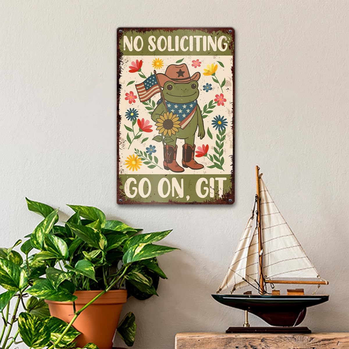 Funny Frog No Soliciting Metal Sign for House Front Door, Go on Git No Solici…