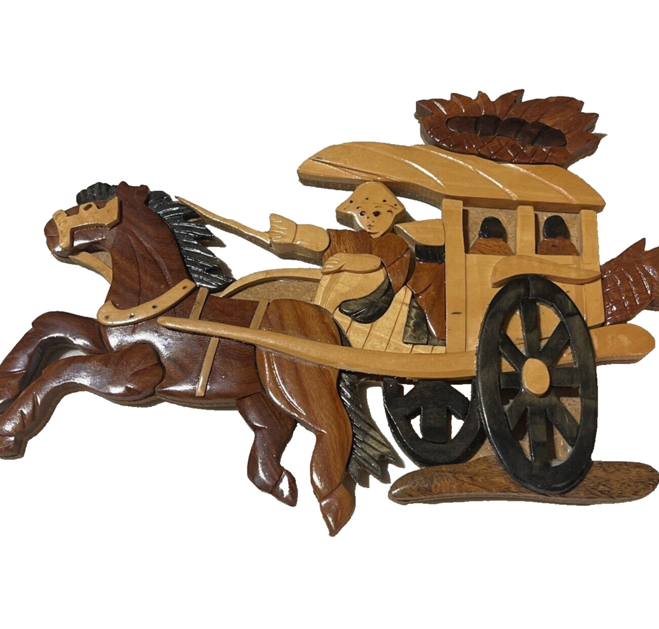 Wagon Cart Intricate Multi Colored Wood Pieced Asian Artwork Wall Hanging